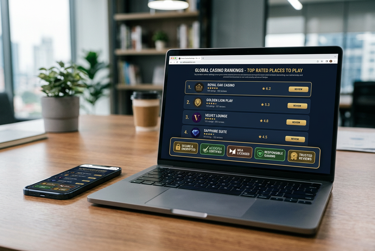A high-tech digital display showing a leaderboard of verified casino brands.