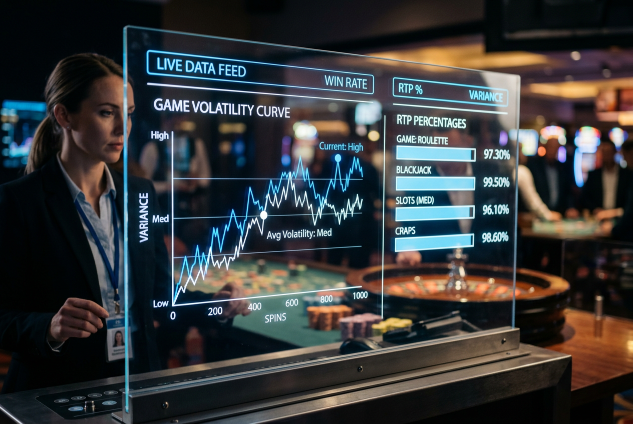 Digital visualization of RTP and volatility metrics for casino games.