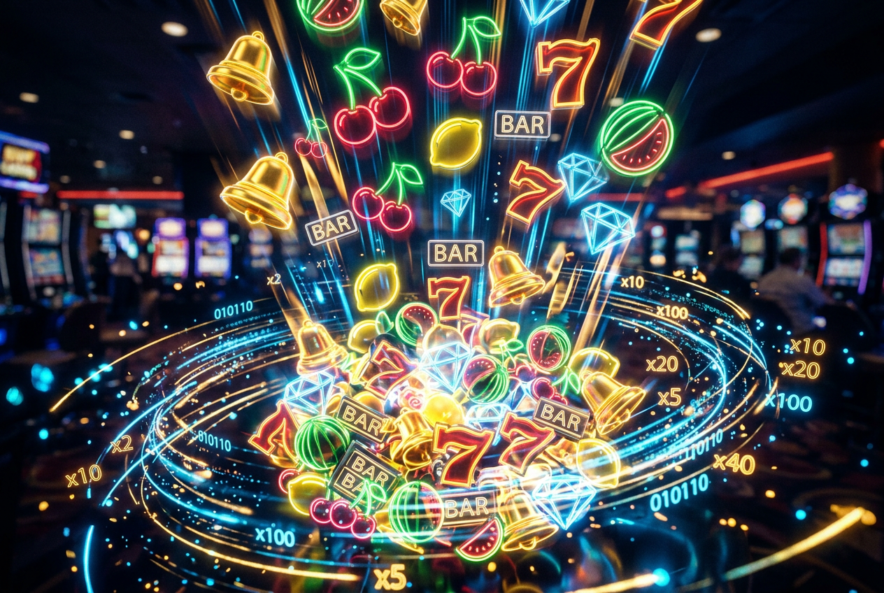 A conceptual 3D visualization of cascading slot machine symbols and multipliers.