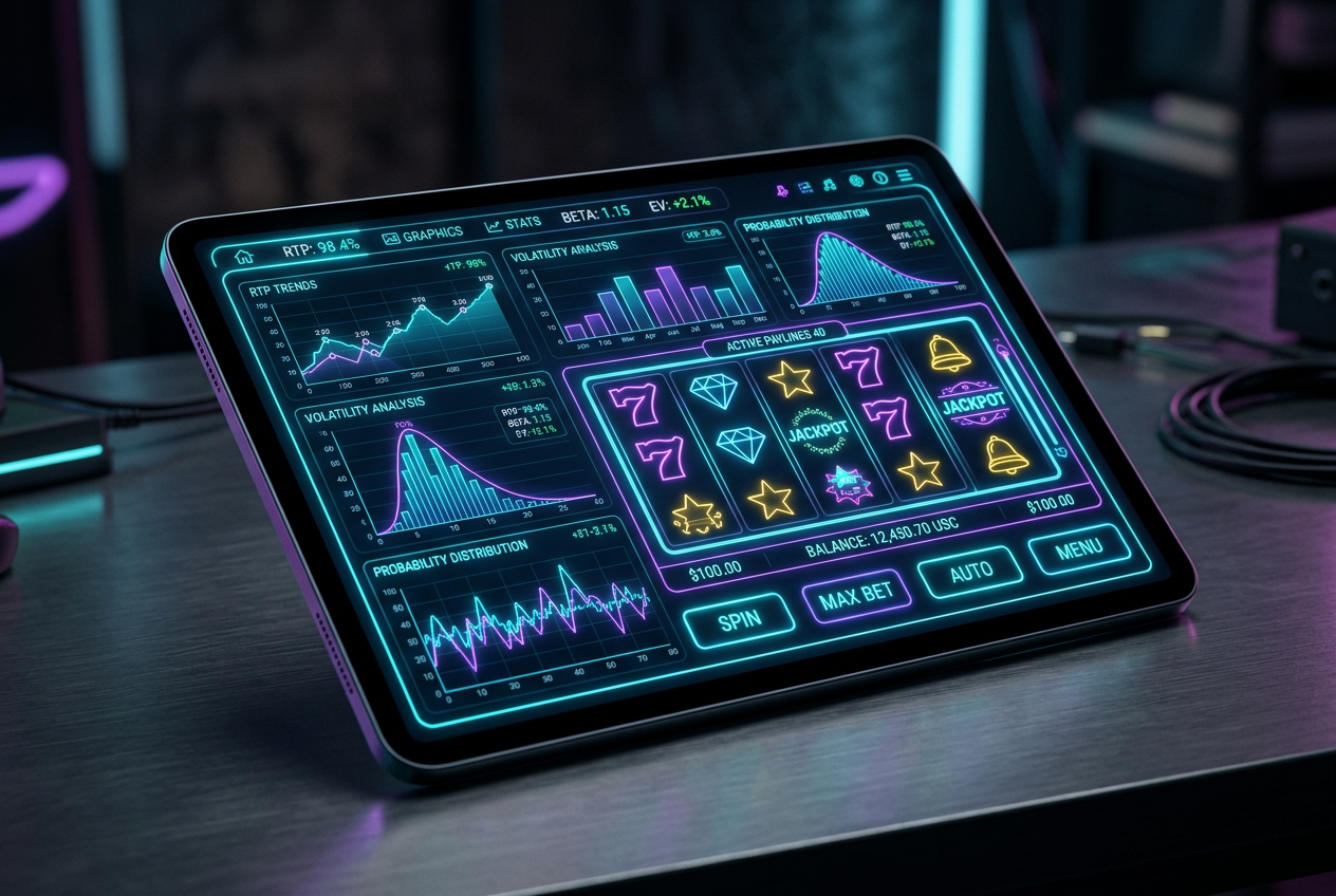 A high-tech digital casino interface showing advanced slot machine metrics.