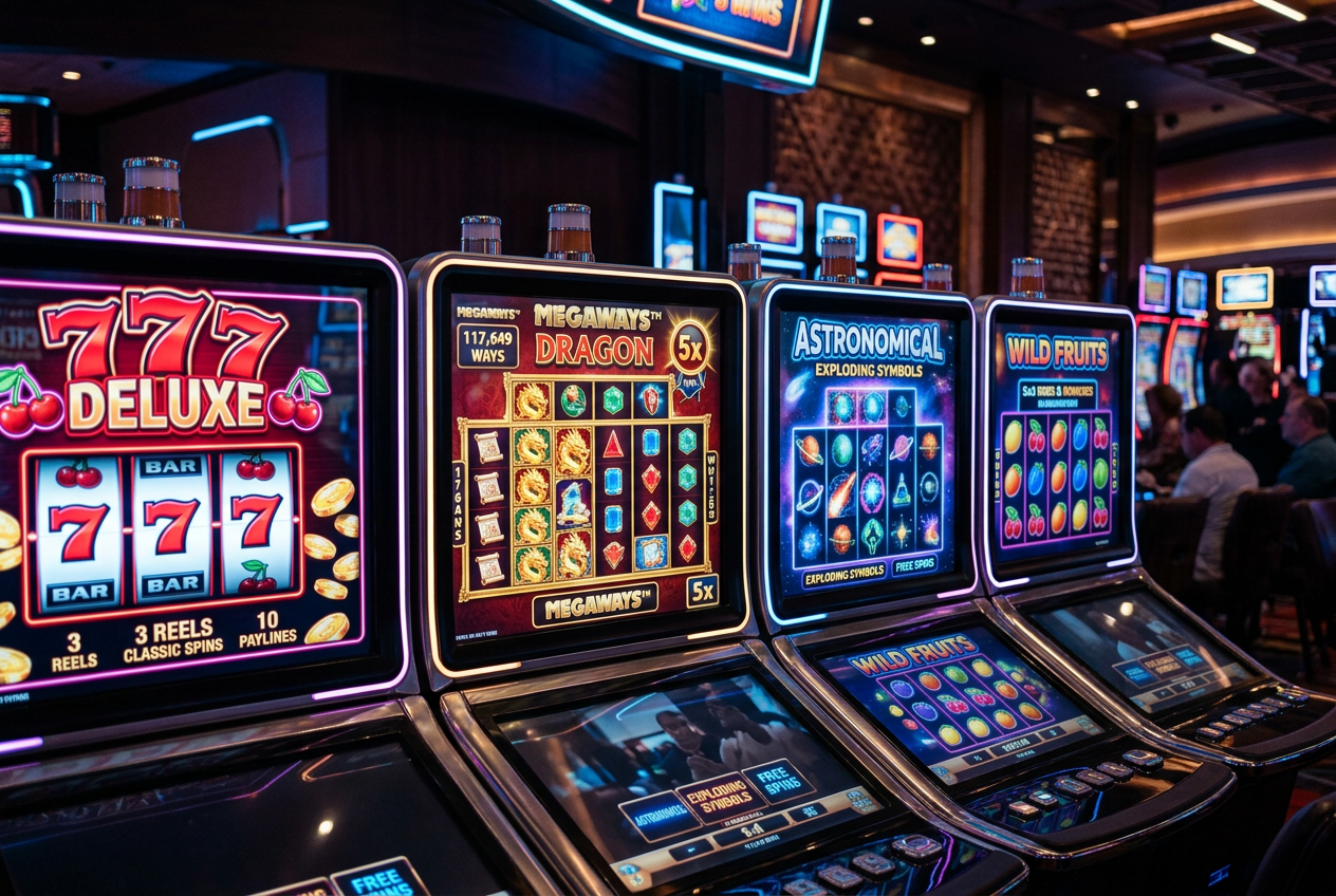Side-by-side view of different digital slot machine screen designs.
