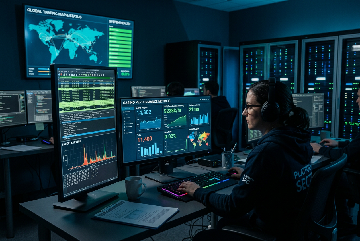 Technical dashboard showing real-time casino performance metrics and server logs.